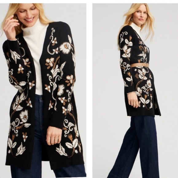 Chico's Sweaters - CHICOS Black embroidered western boho career woman midi cotton open cardigan L